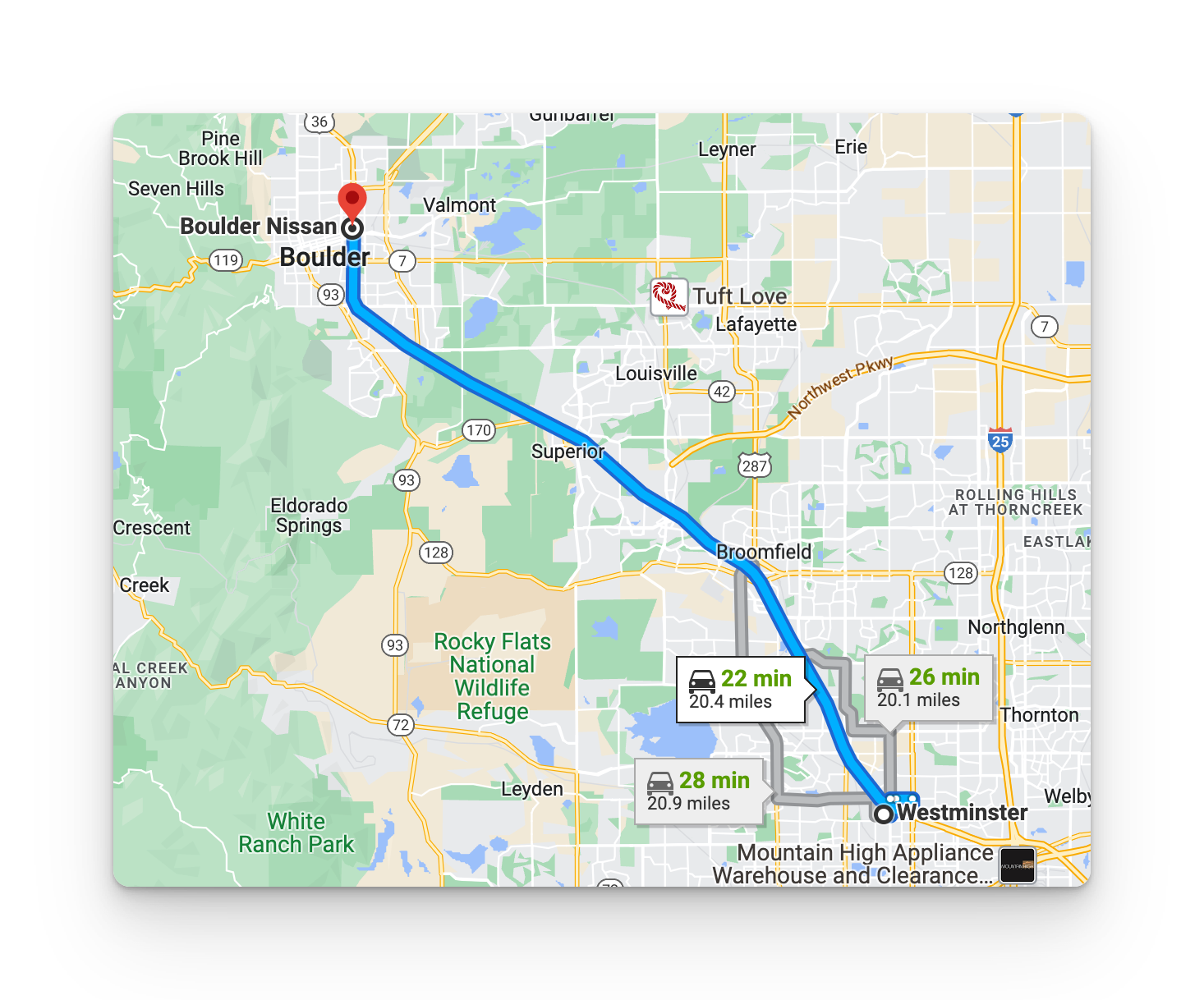 Map of Westminster to Boulder driving directions