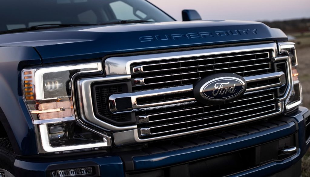 grille of a blue 2022 Ford Super Duty