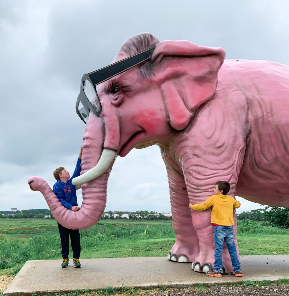 two young boys admire Pinkie, the giant pink elephant, a roadside attraction in DeForest, WI