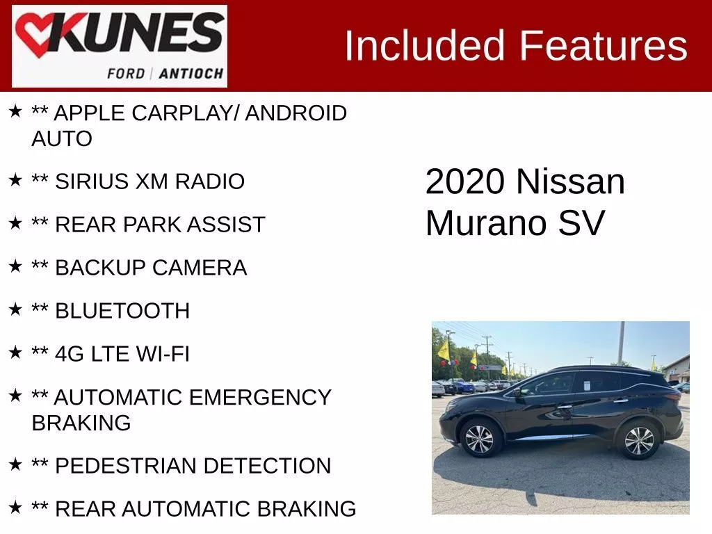 Used 2020 Nissan Murano SV with VIN 5N1AZ2BJ5LN152967 for sale in Antioch, IL