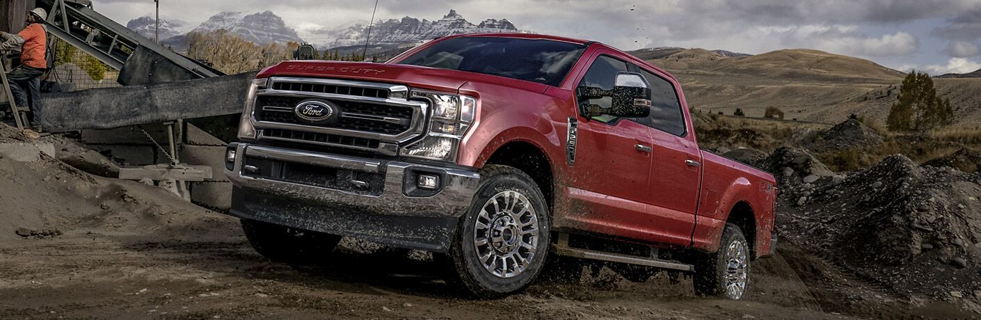 side view of a red 2021 Ford F-250