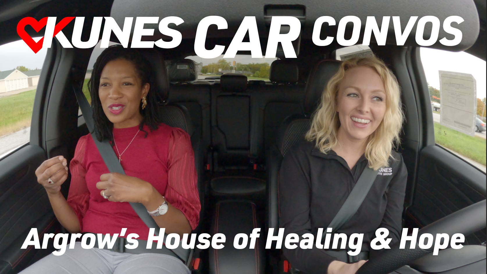 Pictured from left to right: Dr. Kit Evans-Ford, founder of Argrow's House of Hope and Healing, and Lauren Johnson, marketing manager at Kunes Auto Group; Text reads: Kunes Car Convos, Argrow's House of Healing & Hope