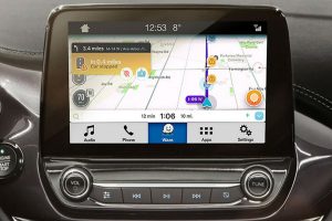 close up of the Waze Community-Based Traffic and Navigation App on a Ford SYNC 3 touch screen