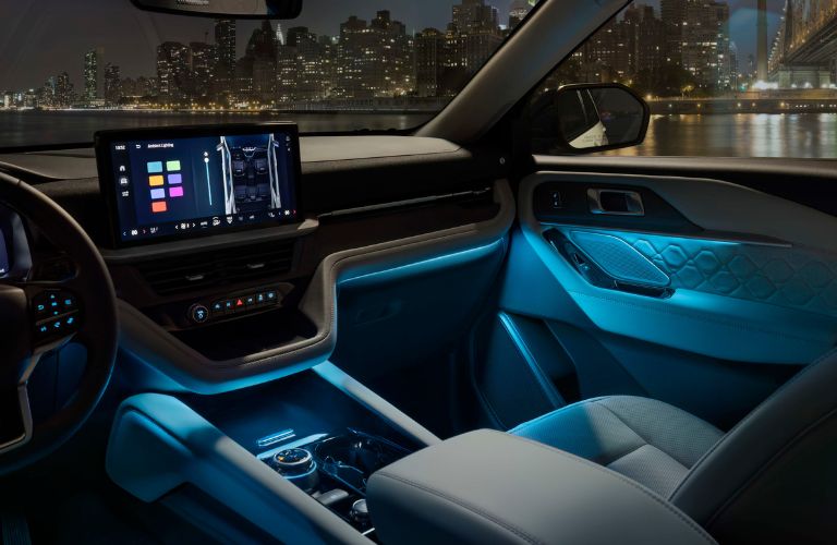 2025 Ford Explorer Front Interior with Blue Ambient Lighting