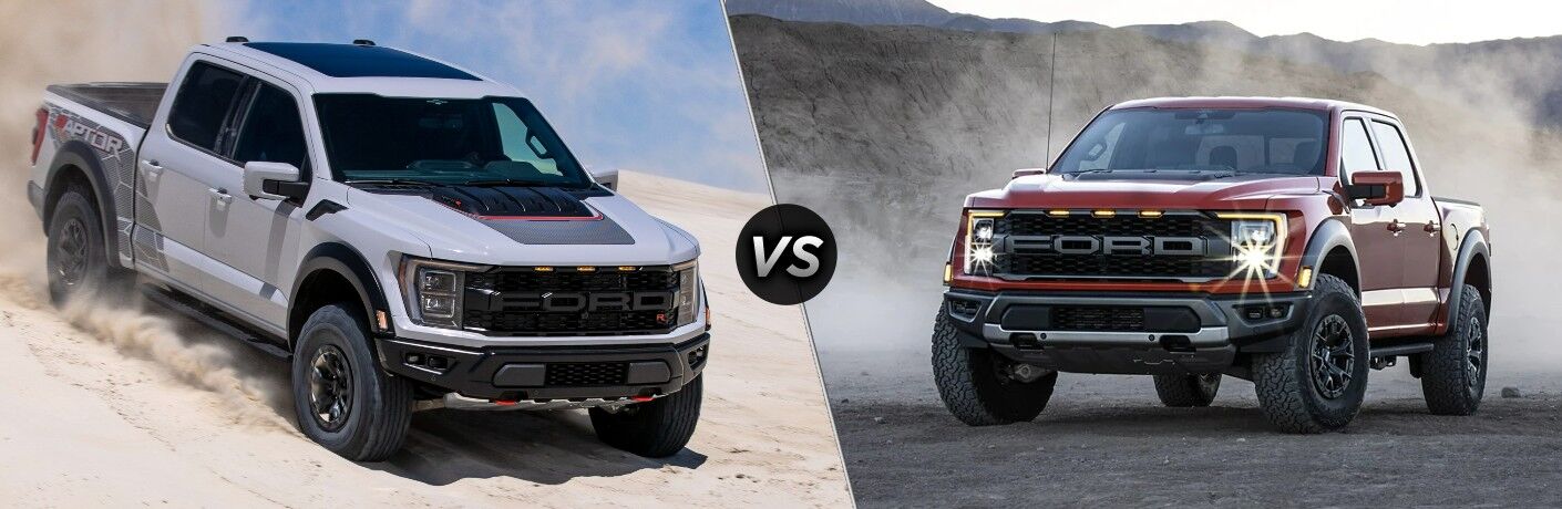 Gray 2023 Ford F-150 Raptor R in a Desert vs Red 2022 Ford F-150 Raptor