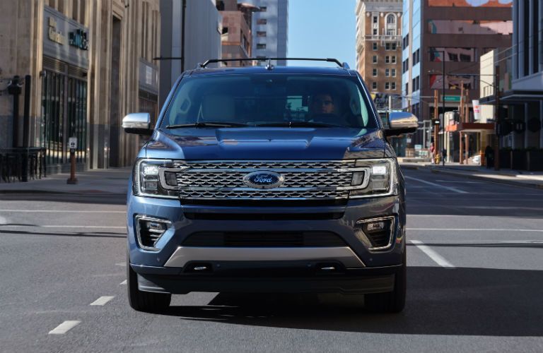 front view of a blue 2021 Ford Expedition Platinum