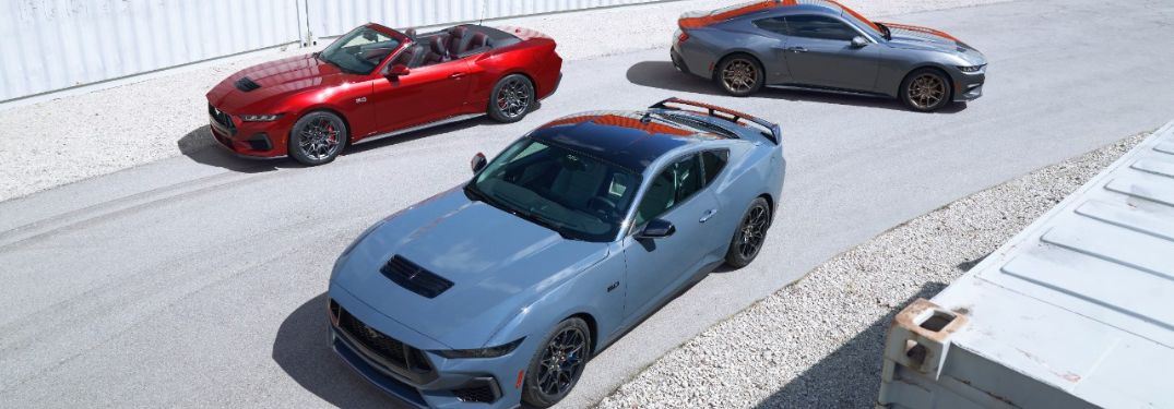 Overhead View of Three 2024 Ford Mustangs on a Track