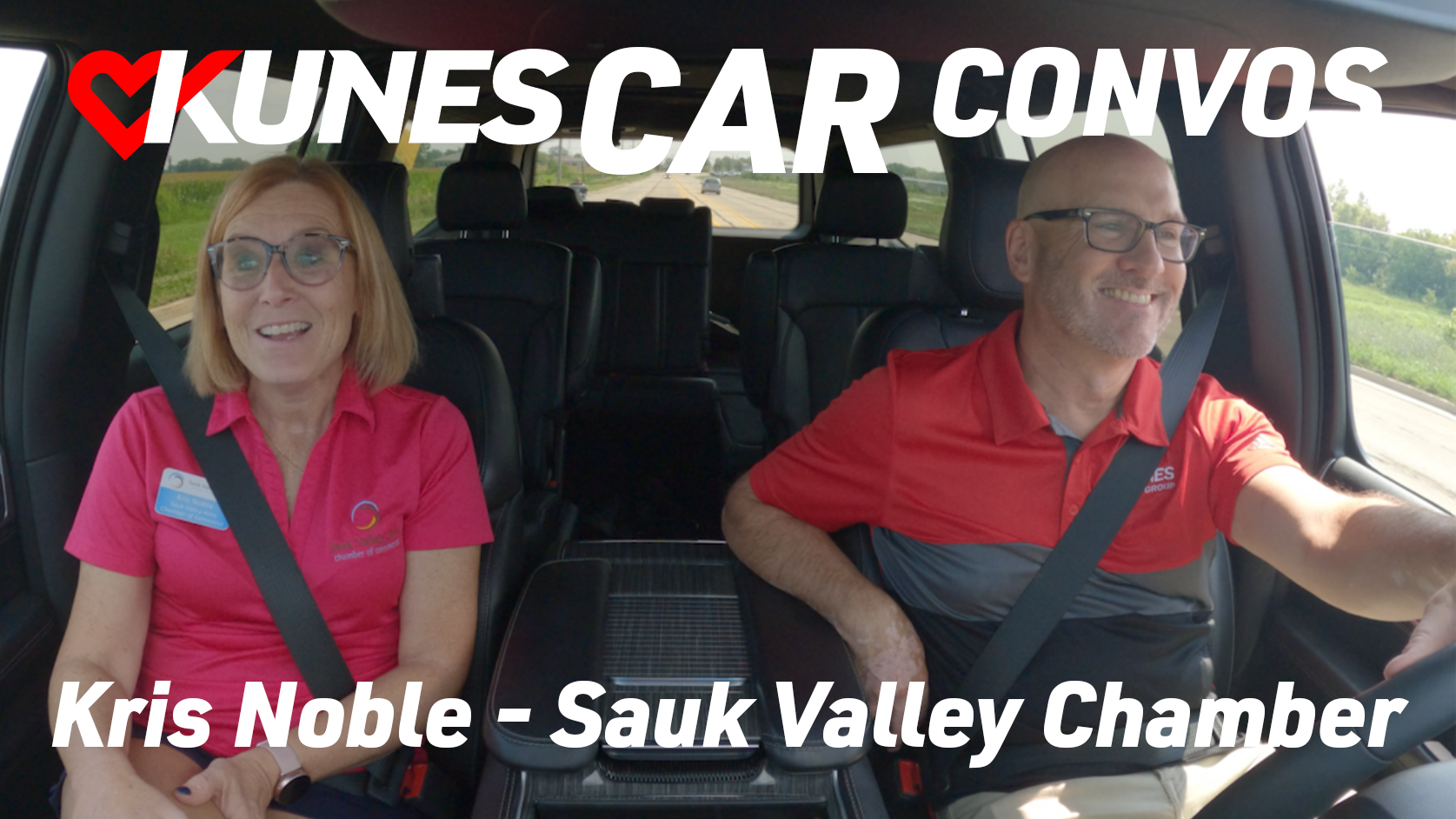 Pictured left to right: Kris Noble, Executive Director of Sauk Valley Area Chamber of Commerce, and Tony Wheatley, Regional Manager of Kunes Auto Group Sauk Valley; Text reads: Kunes Car Convos; Kris Noble - Sauk Valley Chamber