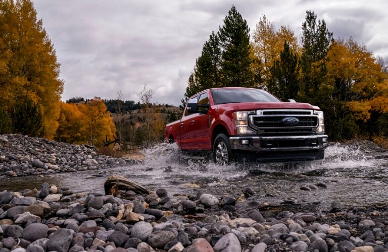 front view of a red 2021 Ford Super Duty