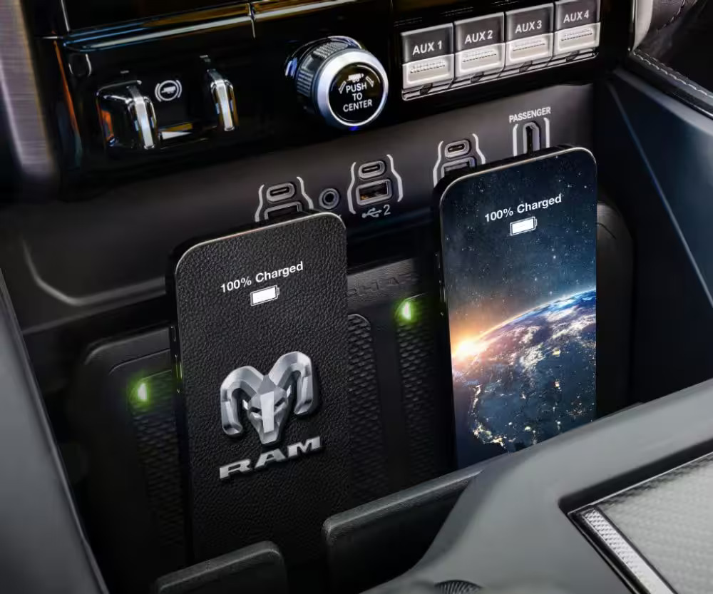 The dual wireless charging station in the 2025 Ram 1500.