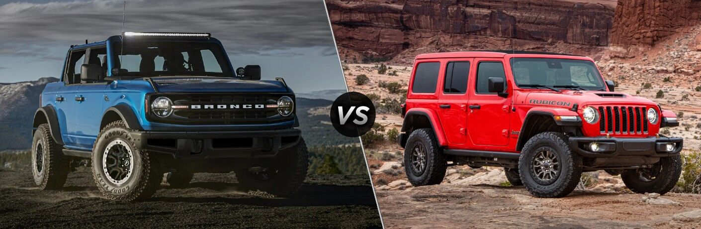 Blue 2023 Ford Bronco Front Exterior vs Red 2023 Jeep Wrangler Front Exterior