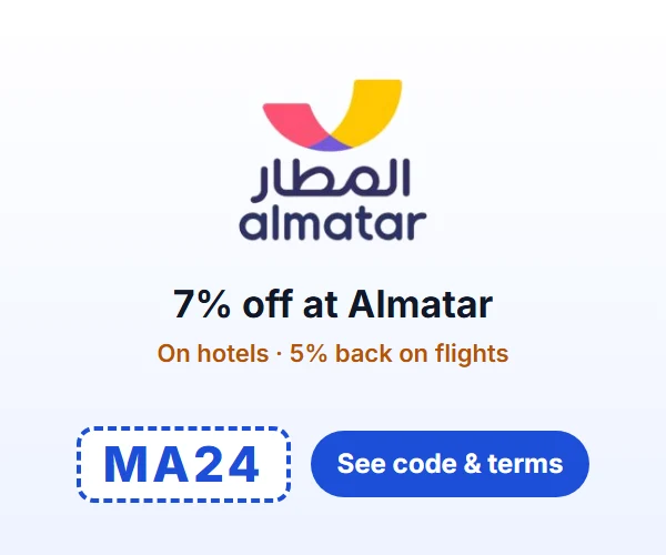 7% off at Almatar — On hotels · 5% back on flights — code MA24