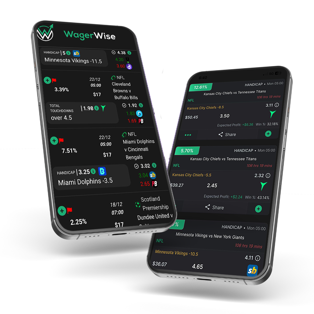 Positve expected value betting software picture, showcasing a variety of profitable bets across the +ev software page on app