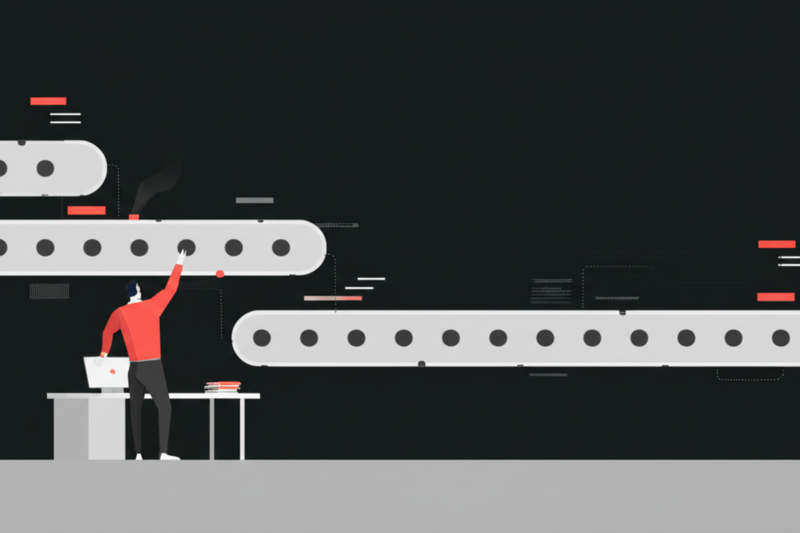 Flat vector SaaS illustration of a founder leaving a desk at a reasonable time while a clean automated workflow pipeline continues running in the background, minimal grayscale with one accent colour, dark background, clean geometric shapes, no text