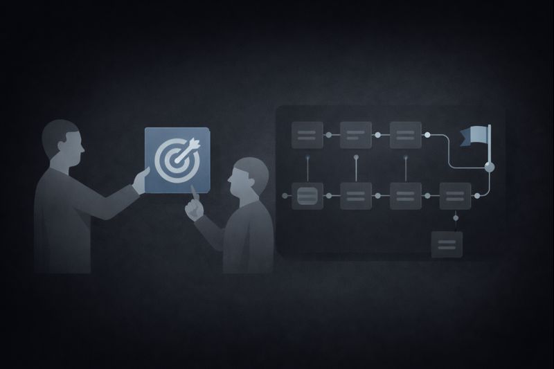 Flat vector SaaS illustration of a manager handing a team member a clear outcome target icon while the team member plans the steps independently using a simple workflow board with milestones and checkpoints, dark background, grayscale with one accent colour, crisp geometric shapes, minimal modern style, no text