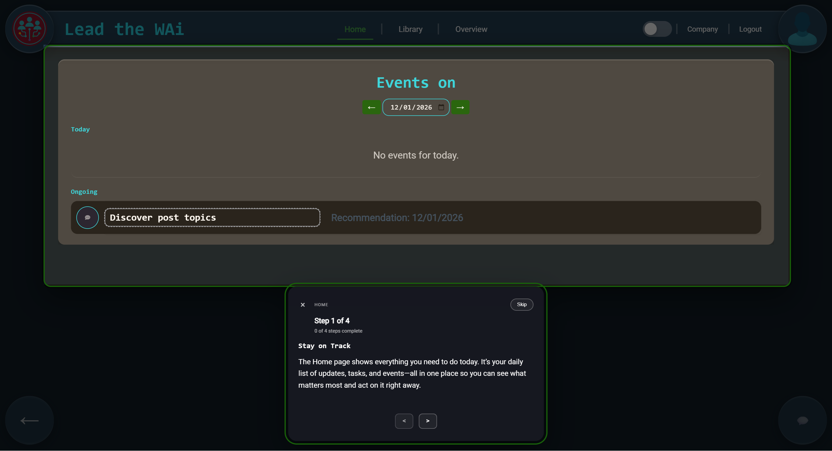 Lead the WAi Home page with tutorial overlay