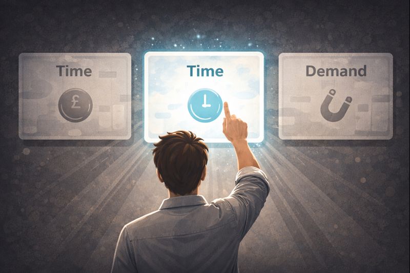 Flat vector SaaS illustration of three simple lanes labeled time, money, and demand as glowing cards, with one selected by a founder and the others dimmed, minimal grayscale with one accent colour, dark background, crisp geometric shapes, no text