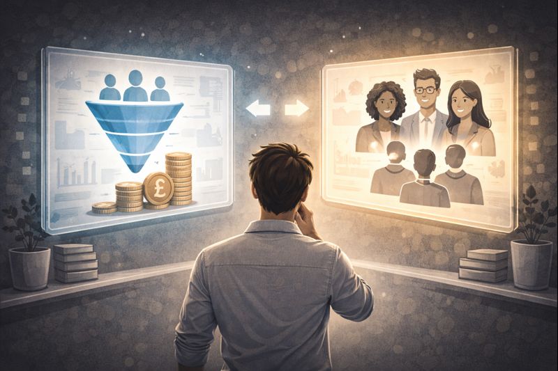 Flat vector illustration showing a founder choosing between a growing sales pipeline and a strong team, minimal modern SaaS style, grayscale with one accent colour, dark background, crisp geometric shapes, no text