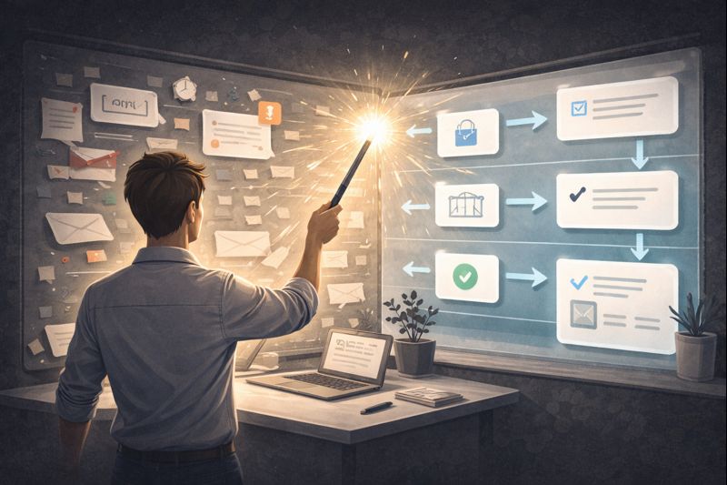Flat vector illustration of a founder holding a magic wand over a messy business dashboard as one problem area transforms into a clean automated workflow, minimal modern SaaS style, grayscale with one accent colour, dark background, crisp geometric shapes, no text