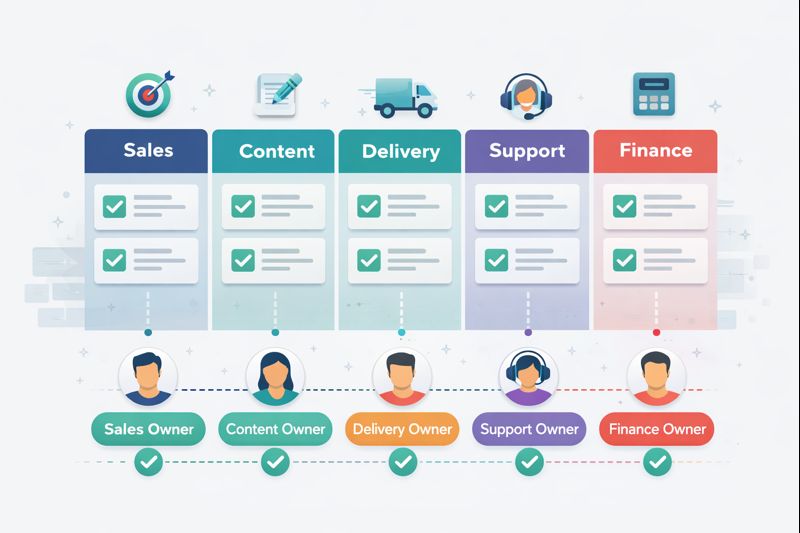 Flat vector SaaS illustration of a business workflow board with clear labelled ownership badges assigned to each process lane (sales, content, delivery, support, finance), showing no orphaned steps, dark background, grayscale with one accent colour, crisp geometric shapes, minimal modern style, no text