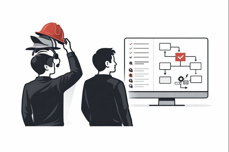Minimalist illustration of a founder removing multiple hats and replacing them with a simple operating system dashboard, showing clear workflows, delegated tasks, checklists, and automated steps, modern professional vector style, crisp sharp lines, high contrast, no text