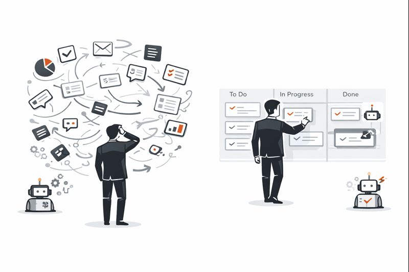 Minimalist illustration of a structured workflow being automated step-by-step, showing clear stages, ownership icons, and one automated step highlighted, modern professional vector style, crisp lines, high contrast, no text