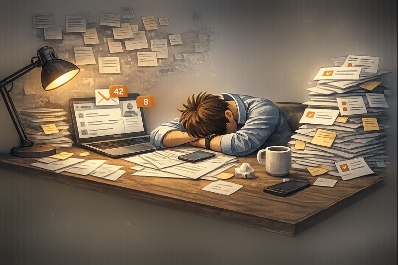 Flat vector SaaS illustration of a burnt-out founder slumped at a desk late at night, overflowing inbox notifications and task cards stacking up, dark background with minimal grayscale and one accent colour, crisp geometric shapes, no text