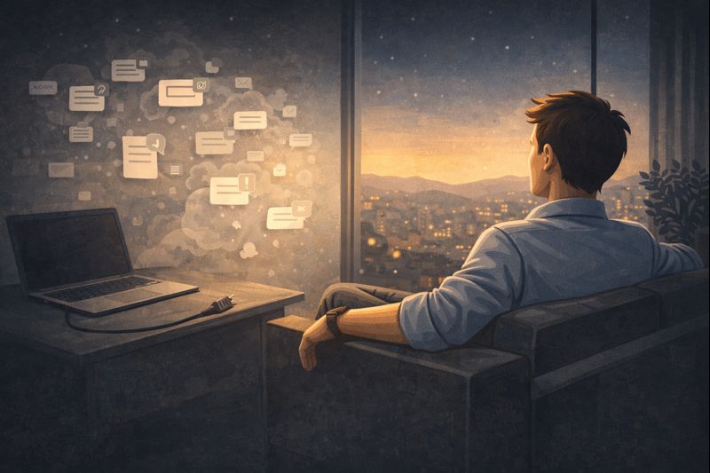 Illustration of a founder trying to unplug from work, sitting away from a laptop while notifications fade out and a calm evening setting appears, minimal modern SaaS vector style, grayscale with one accent colour, dark background, crisp geometric shapes, no text