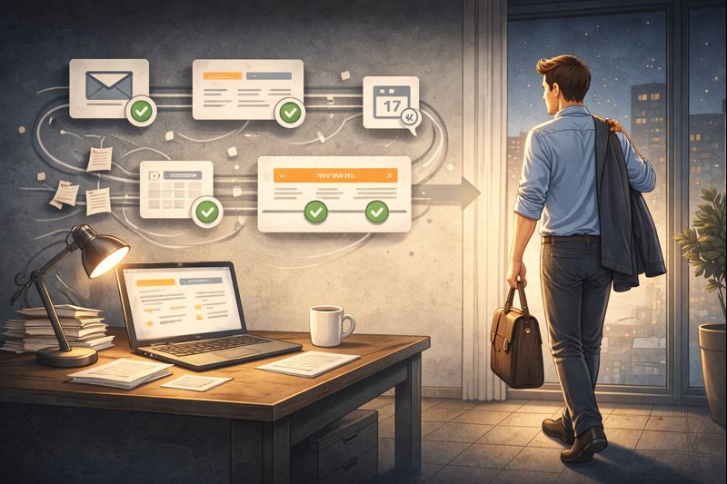 Flat vector SaaS illustration of a calm founder leaving the desk at a reasonable time while an automated workflow pipeline continues running smoothly in the background, minimal grayscale with one accent colour, dark background, clean geometric shapes, no text