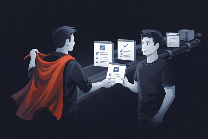 Flat vector SaaS illustration of a founder removing a superhero cape and handing a task card to a confident team member, showing a clear workflow pipeline moving forward; minimal grayscale with one accent colour, dark background, clean geometric shapes, no text