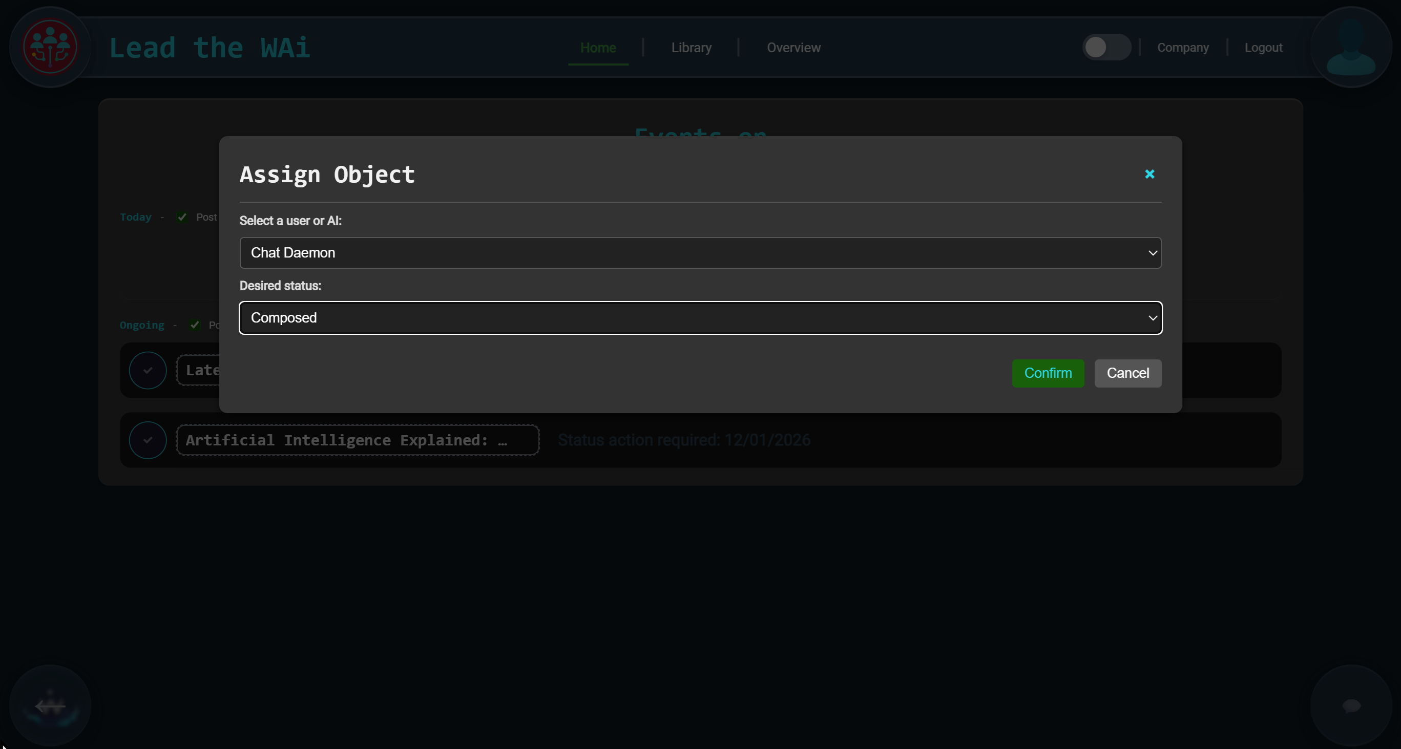 Assign Object modal showing agent and desired status