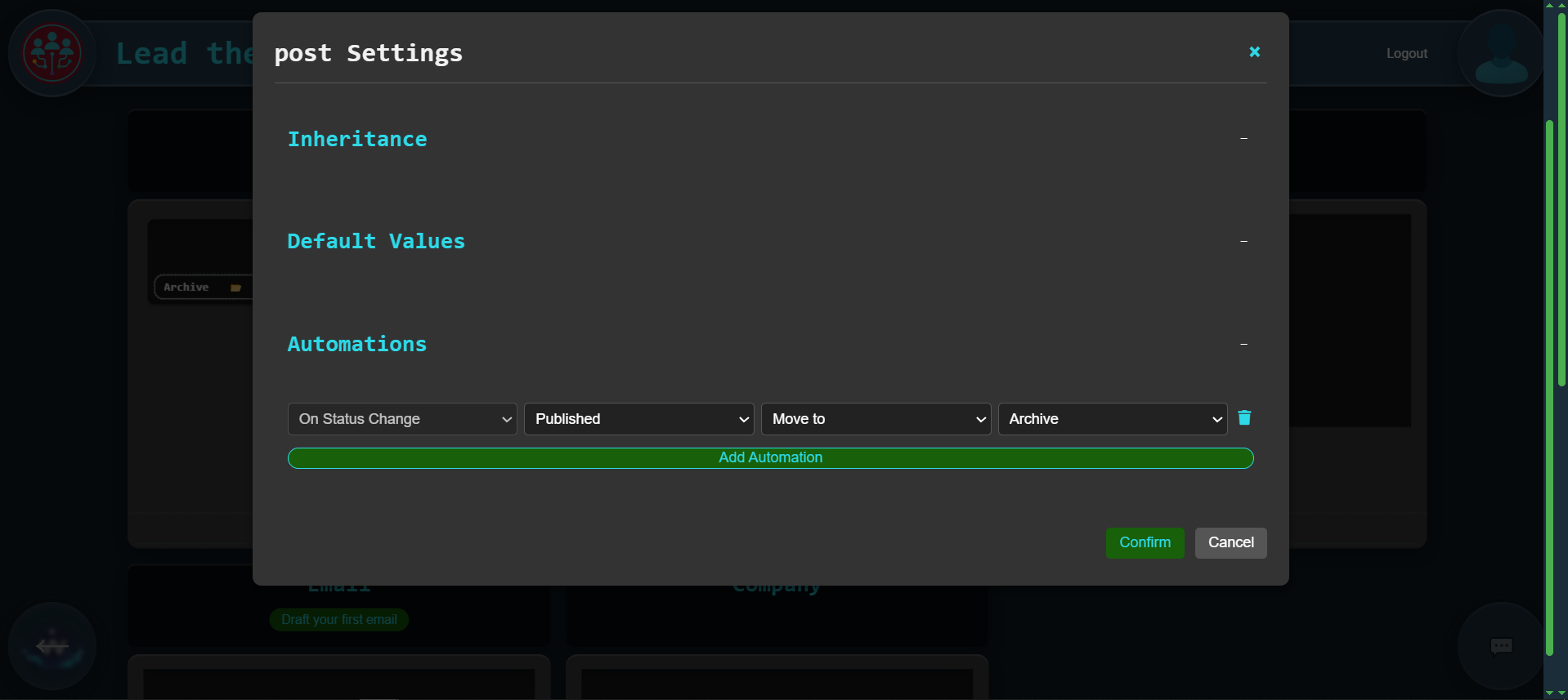 Post Settings showing an automation rule