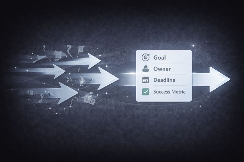 Flat vector SaaS illustration of a messy fast-moving arrow splitting into confusion, contrasted with a slower clean arrow following a clear brief card showing goal owner deadline and success metric, dark background, grayscale with one accent colour, crisp geometric shapes, minimal modern style, no text