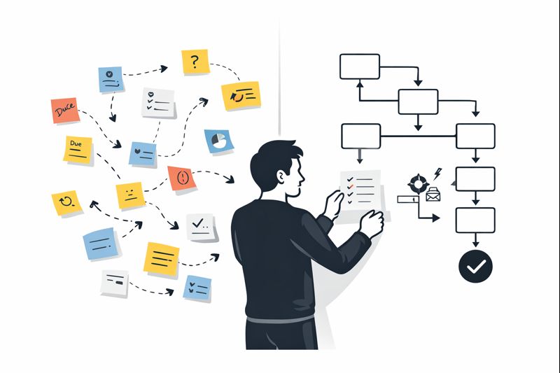 Clean modern illustration of a messy workflow turning into a simple structured process map, with a founder replacing scattered sticky notes with a clear checklist and automated steps, minimalist vector design, crisp sharp lines, professional business style, high contrast