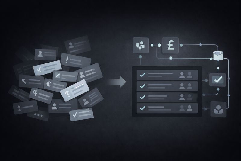 Flat vector SaaS illustration of a recurring task transforming into a repeatable system: messy scattered task cards on the left become a clean structured checklist and automated workflow pipeline on the right, connected modules and ownership checkpoints, dark background, grayscale with one accent colour, crisp geometric shapes, minimal modern style, no text