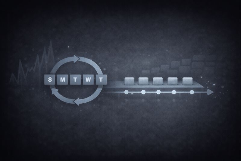 Flat vector SaaS illustration of steady consistent progress: a simple repeating weekly calendar loop feeding a smooth workflow pipeline with small consistent output blocks, while a chaotic burst graph fades into the background, dark background, grayscale with one accent colour, crisp geometric shapes, minimal modern style, no text