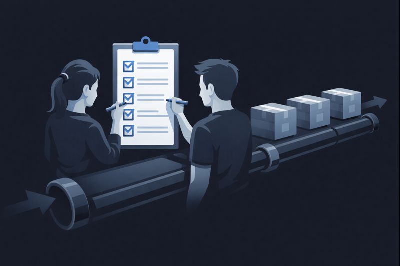 Flat vector SaaS illustration of a calm, reliable checklist system: two people ticking off a packing checklist beside complete packages flowing through a clean pipeline, minimal grayscale with one accent colour, dark background, clean geometric shapes, no text