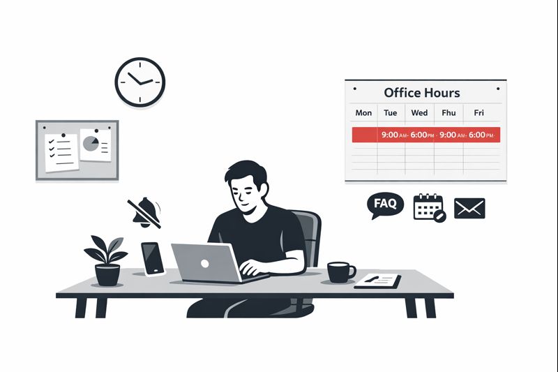 Minimalist illustration of a founder working with a calm schedule and clear communication rules, smartphone notifications muted, a simple desk setup, a wall calendar with defined office hours, clean modern vector style, high contrast, professional business aesthetic