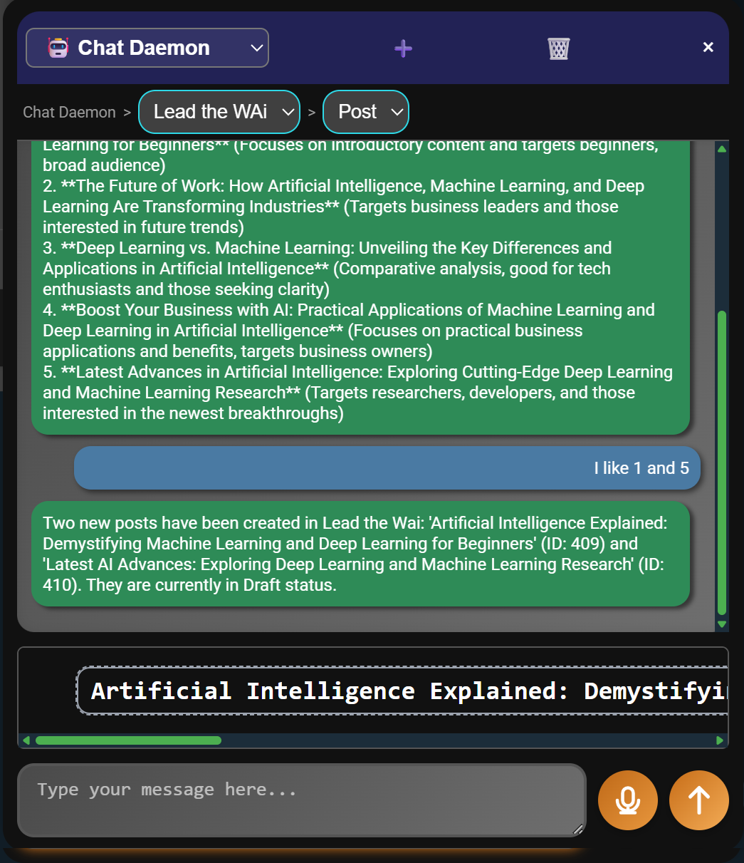 Chat Daemon confirming draft posts have been created