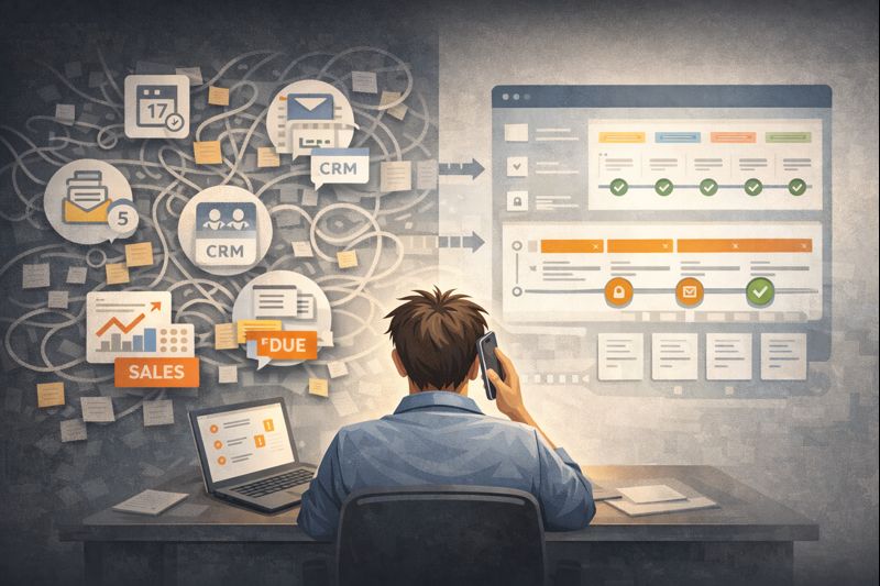 Flat vector SaaS illustration of a founder surrounded by floating icons for calendar, inbox, CRM, invoices, and task boards, with tangled workflow lines and duplicated sticky notes, while a single unified dashboard quietly simplifies everything into one calm pipeline, minimal modern grayscale with one accent colour, dark background, crisp geometric shapes, no text