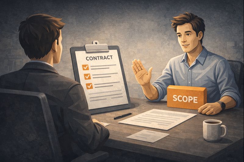 Flat vector SaaS illustration of a founder calmly setting boundaries in a client meeting, with a simple contract checklist and a clear scope box, minimal grayscale with one accent colour, dark background, crisp geometric shapes, no text