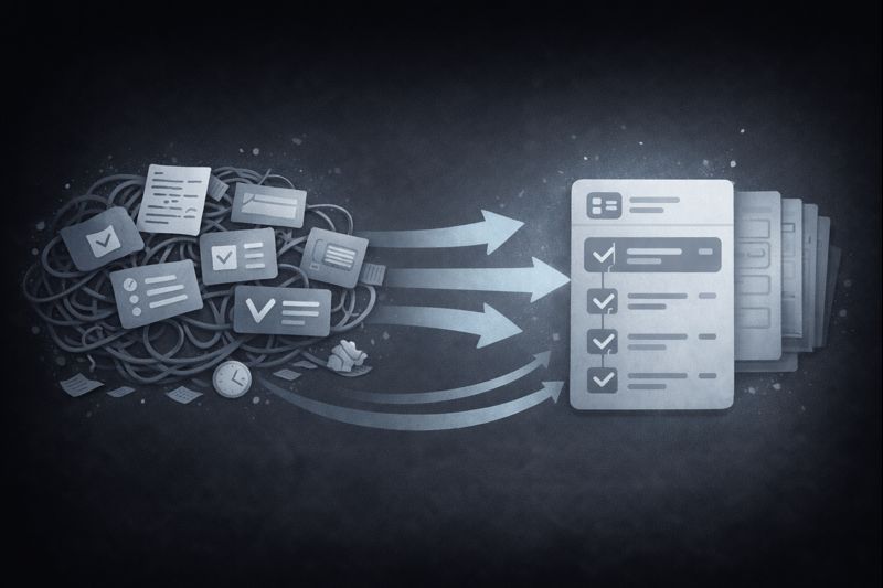 Flat vector SaaS illustration of a messy manual workflow being turned into a clean standardized checklist system with templates and repeatable stages, dark background, grayscale with one accent colour, crisp geometric shapes, minimal modern style, no text