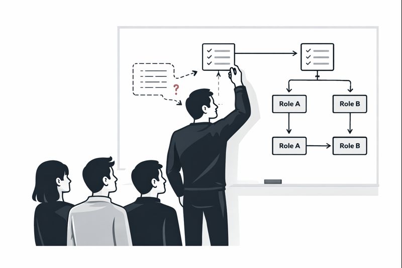 Minimalist illustration of a founder improving a team workflow, replacing vague verbal instructions with a clear checklist and defined roles, clean process diagram on a whiteboard, professional modern vector style, crisp sharp lines, high contrast