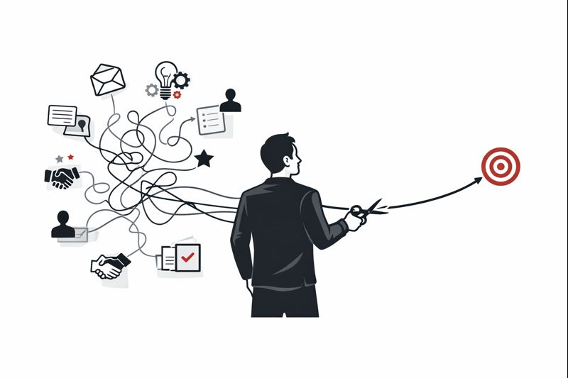 Minimalist modern illustration of a founder choosing one clear path while ignoring multiple distracting opportunity arrows, a clean compass pointing to a single priority, professional business vector style, crisp sharp lines, high contrast, no text