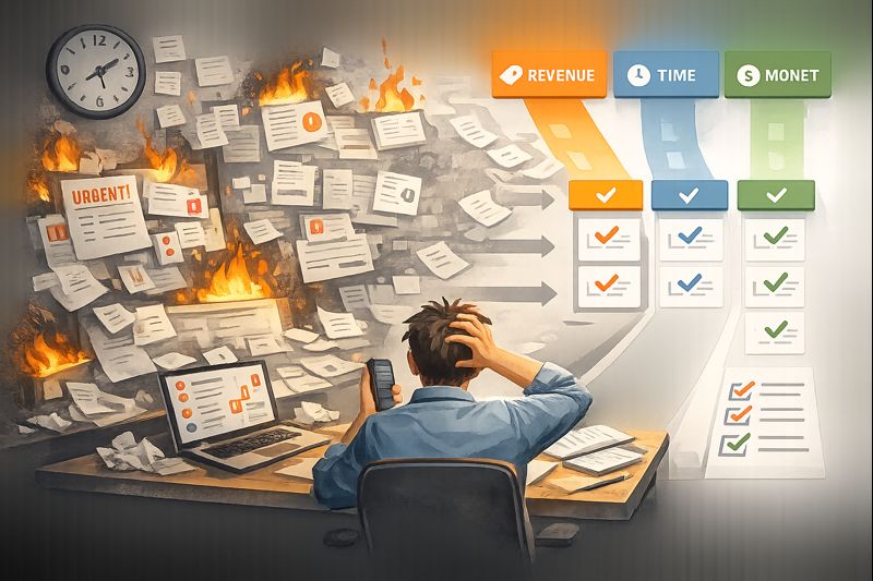 Flat vector illustration of a small business founder looking at a chaotic task board with red urgent labels, while three clear lanes labeled revenue, time, and money simplify into a calm prioritized checklist, minimal modern SaaS style, grayscale with one accent colour, dark background, crisp geometric shapes, no text
