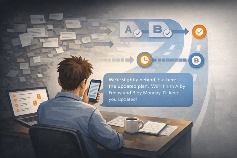 Flat vector SaaS illustration of a founder sending a calm client update message while a project timeline reorganizes into a clear plan with two milestone checkpoints, modern minimal grayscale with one accent colour, dark background, crisp geometric shapes, no text