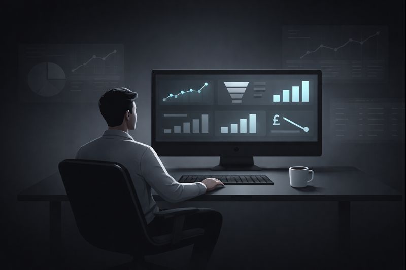 Flat vector SaaS illustration of a calm founder reviewing a minimal KPI dashboard with only five key metrics, while distracting vanity charts fade into the background, clean geometric shapes, dark background, grayscale with one accent colour, crisp outlines, no text