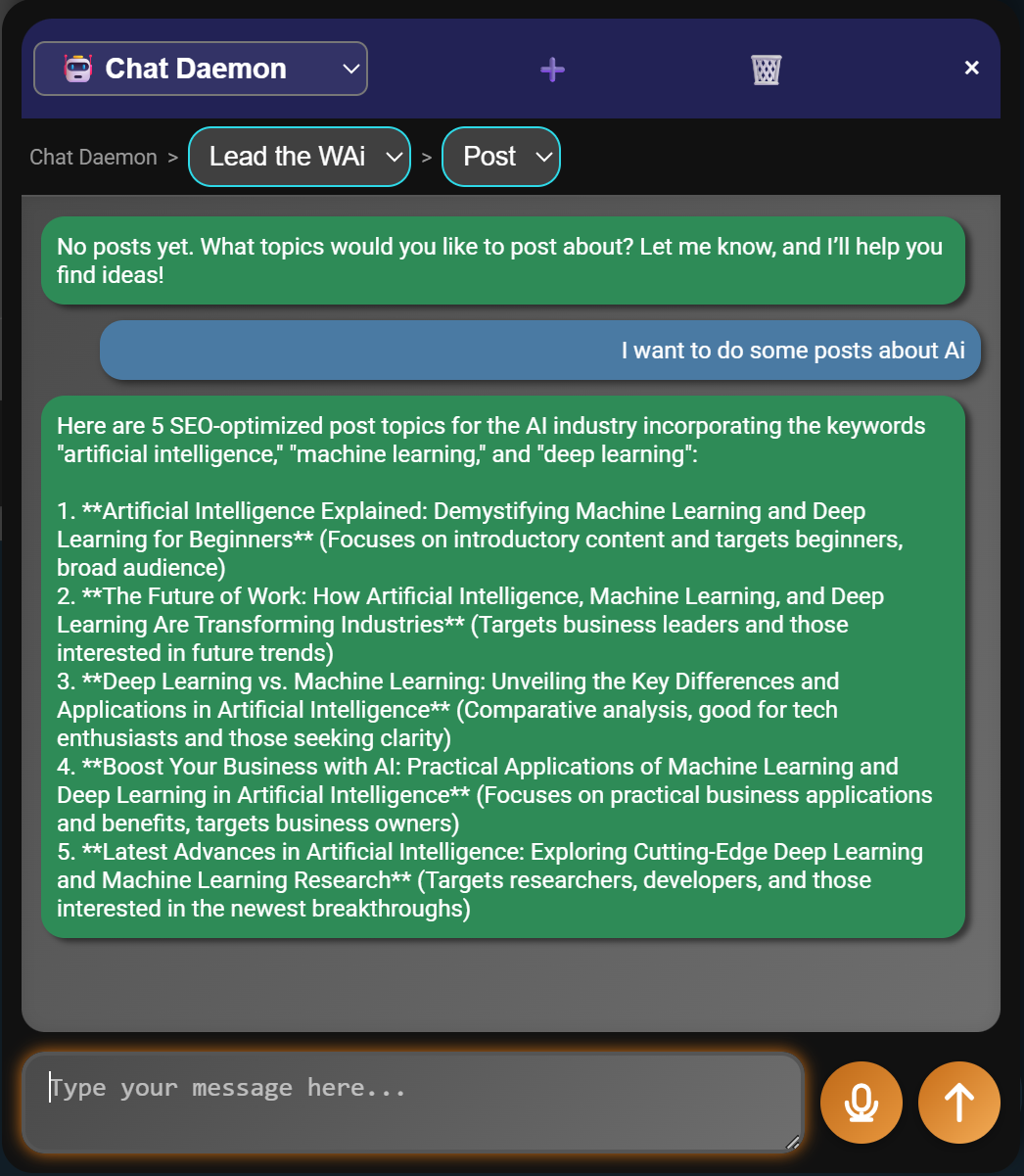 Chat Daemon suggesting SEO-optimised post topics