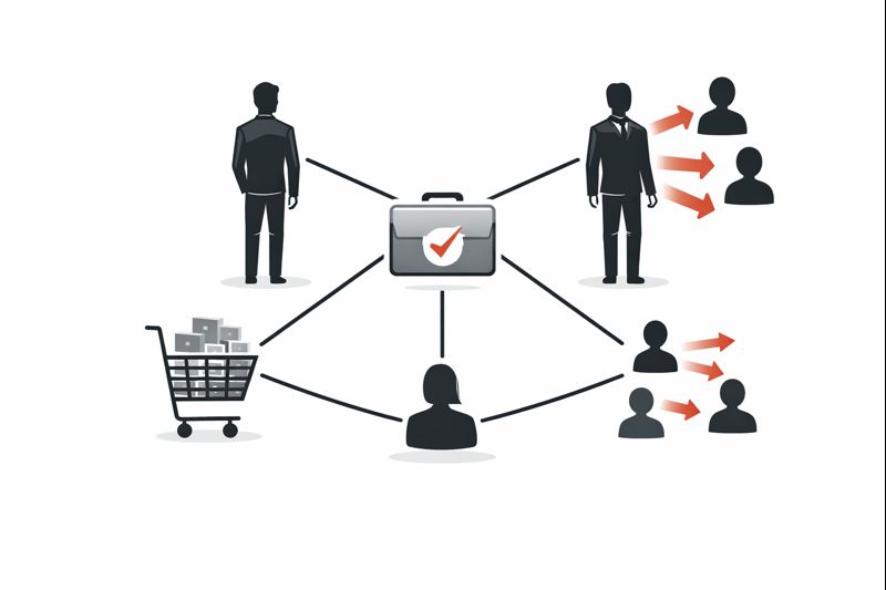 Minimalist illustration of a business strengthening customer relationships, showing existing customers connected by strong lines and repeat purchases, referrals flowing naturally, modern professional vector style, crisp lines, high contrast, no text
