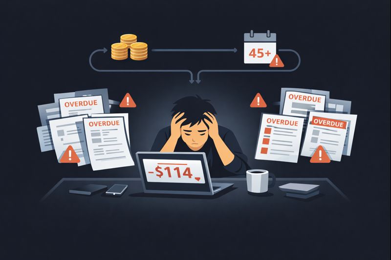 Flat vector SaaS illustration of a simple cash flow dashboard with incoming and outgoing arrows, a small safety buffer bar, overdue invoice alerts, minimal grayscale with one accent colour, dark background, clean geometric shapes, no text